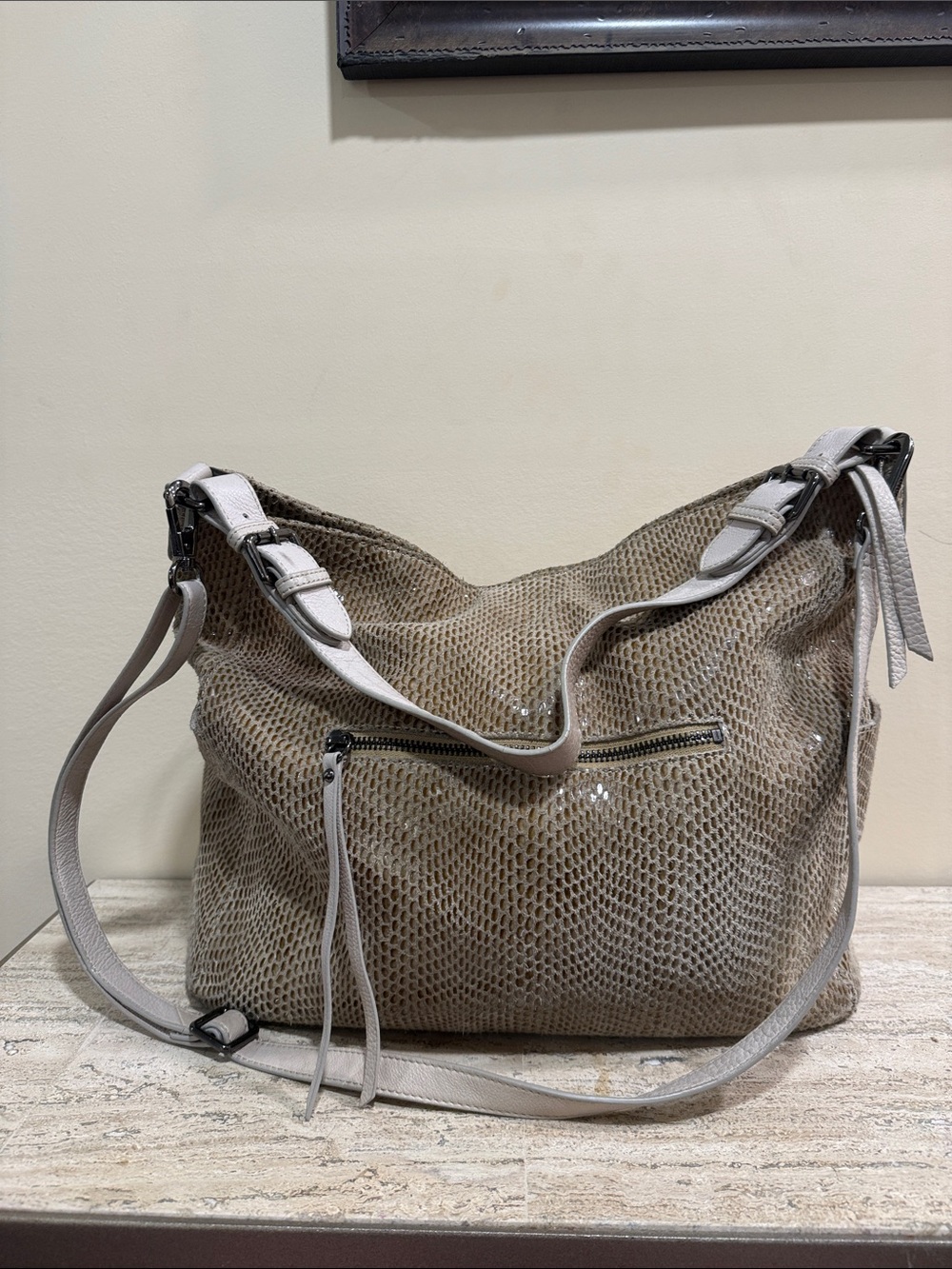 Sorial Beige Taupe Textured Shoulder Hobo